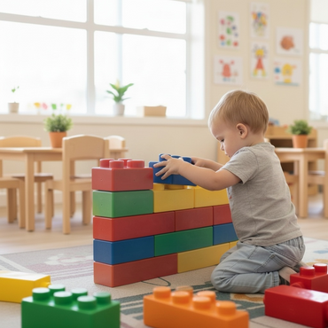 Toddler building a wall with Play Education Co | Curated Educational Resources & Toys jumbo primary-coloured blocks
