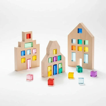 Play Education Co | Curated Educational Resources & Toys wooden house set with colourful acrylic lucite blocks