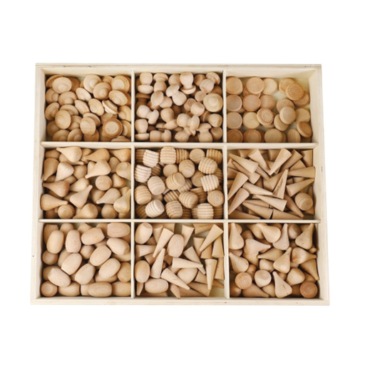 Play Education Co | Curated Educational Resources & Toys natural beechwood loose parts set in a 9-compartment tray