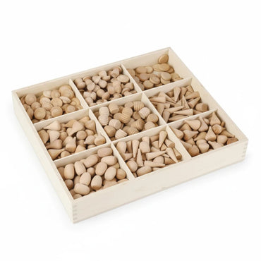 Play Education Co | Curated Educational Resources & Toys natural beechwood loose parts set in a 9-compartment tray